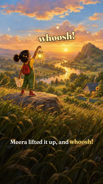 Meera holds up the silver lantern on the hilltop as “whoosh!” pops up and it lights.