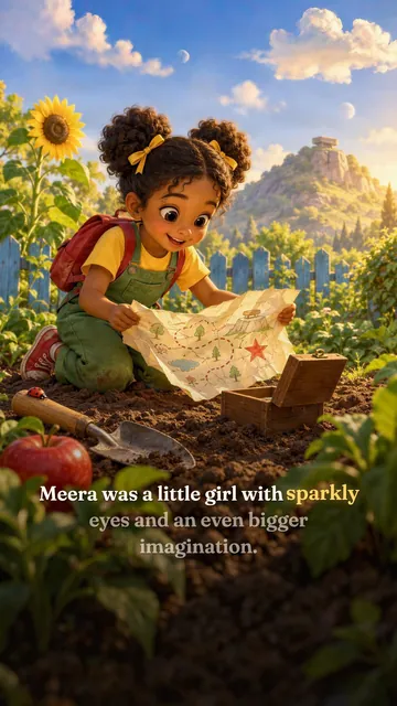 Page one of The Map: Meera kneels by her map, with “Meera was a little girl with sparkly eyes” low on the screen and “sparkly” in gold.