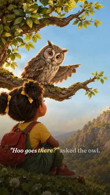 The wise old owl on its branch above Meera, with “Hoo goes there?” asked the owl.