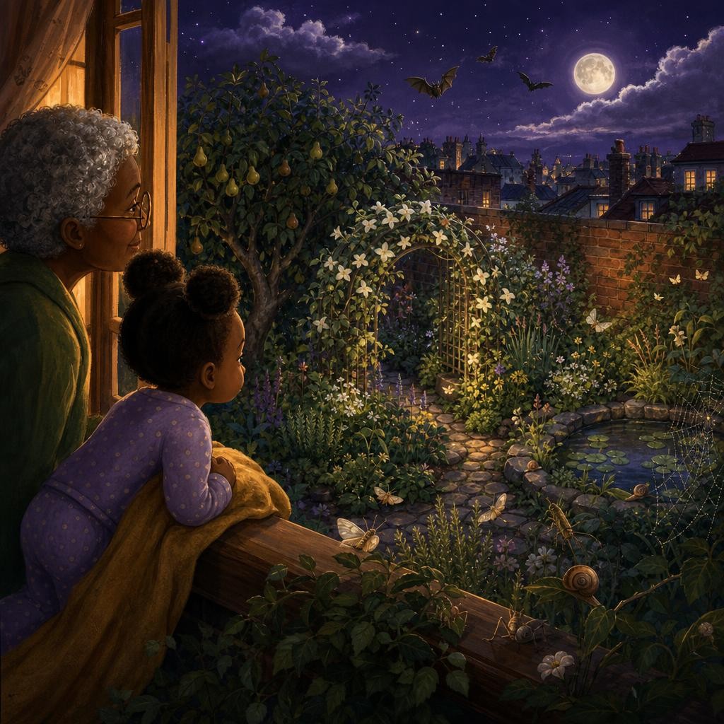Aya and Nana watch moths, snails, flowers, and bats in a wide moonlit garden.