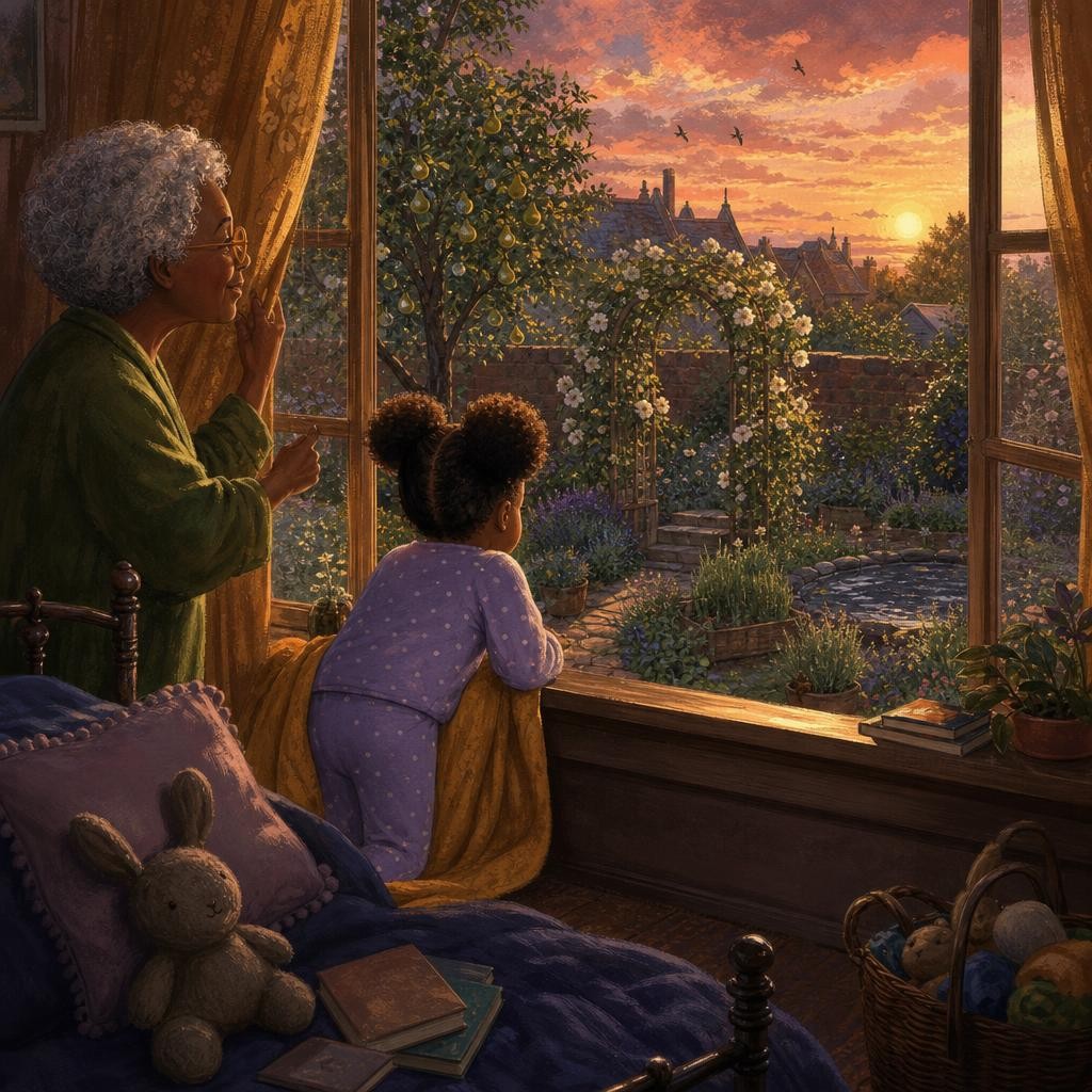 Aya and Nana look from the warm bedroom over the garden at sunset.
