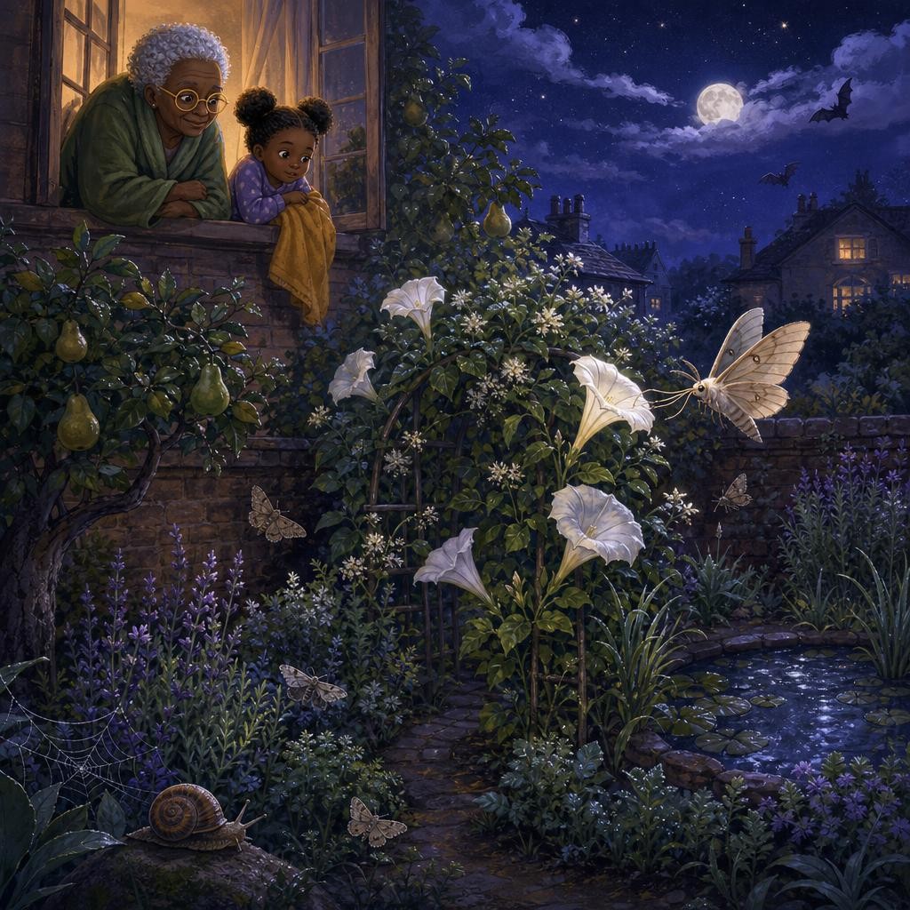 A pale moth sips nectar from a moonflower as Aya watches from the window.