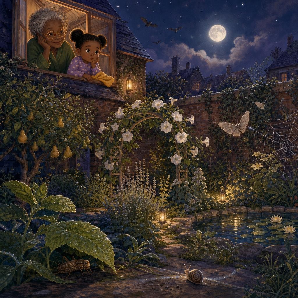 A cricket chirps beneath mint leaves while Aya listens from the upstairs window.