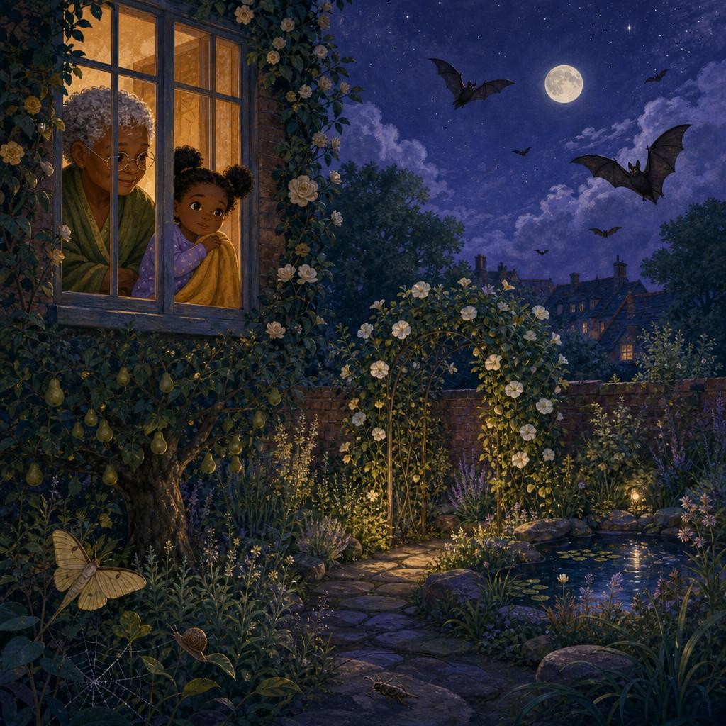 Small bats swoop high above the garden while Aya watches safely from indoors.