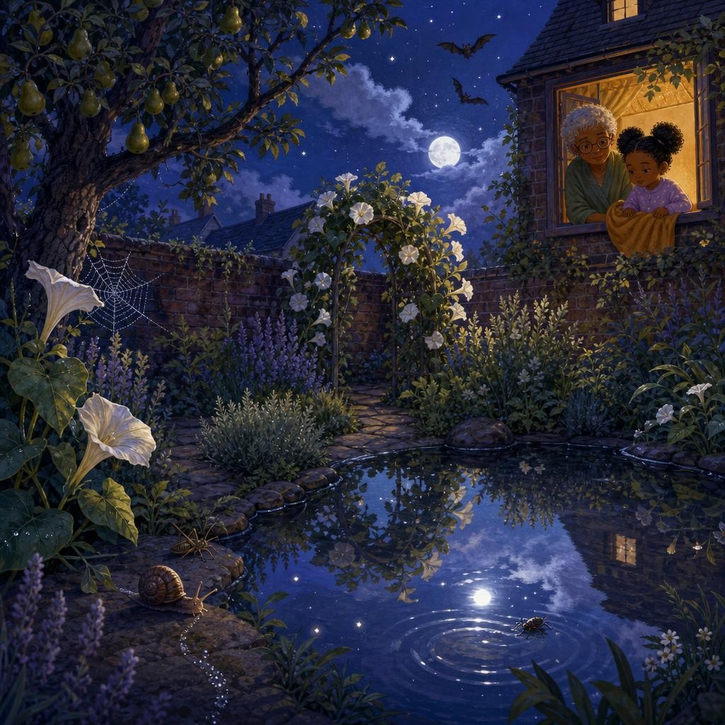 A water beetle makes circles through moon and star reflections in the garden pond.