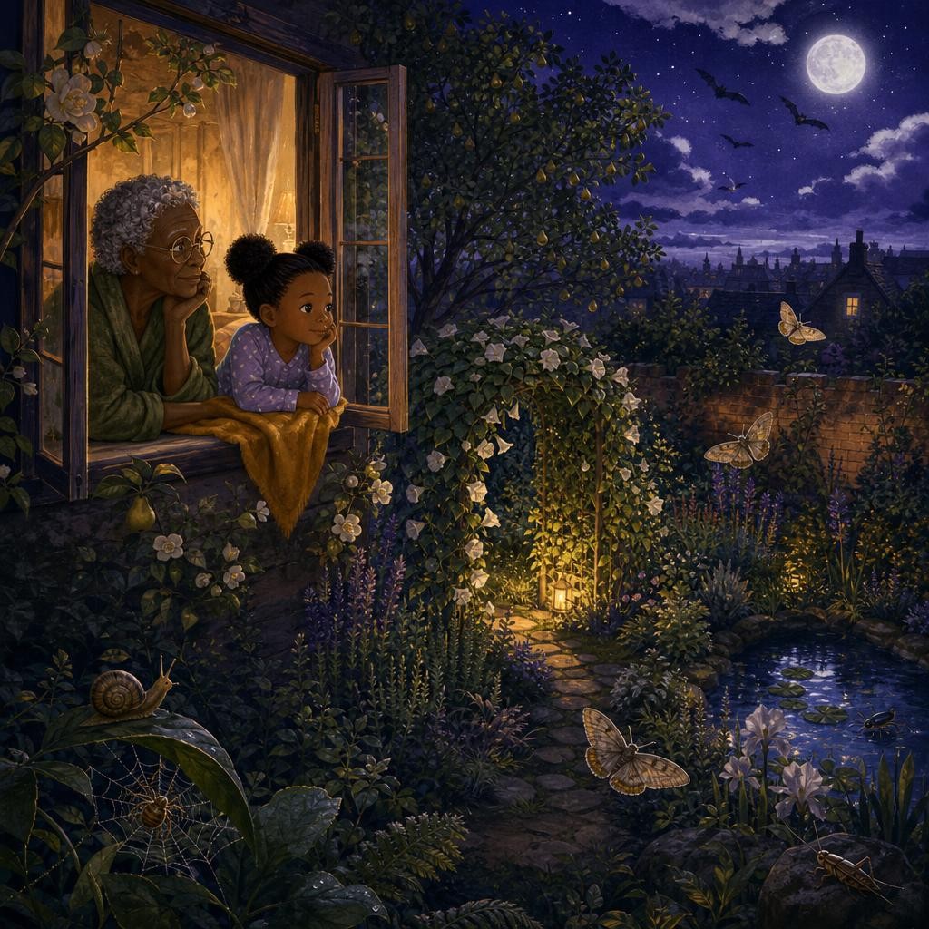 Aya listens as many small sounds fill the wide moonlit garden.