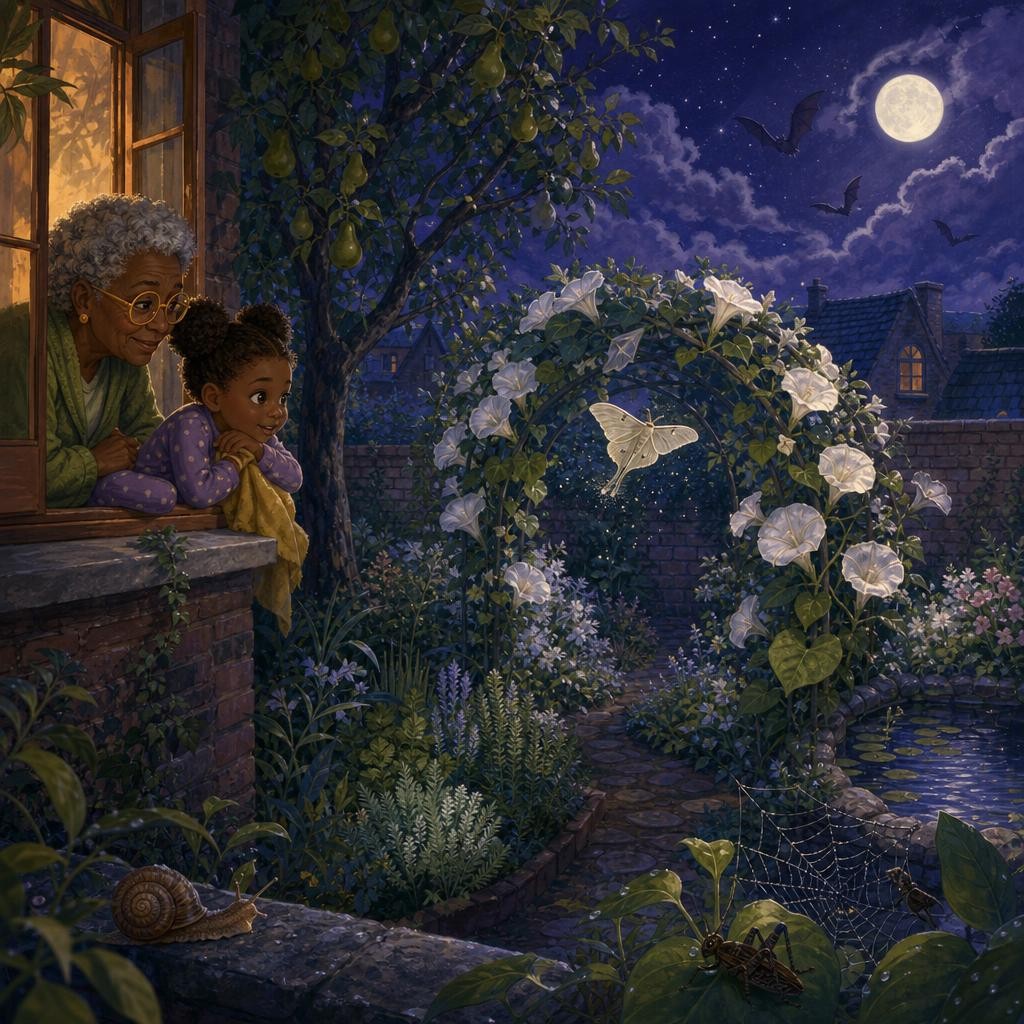 A pale moth carries pollen from one open moonflower to another.