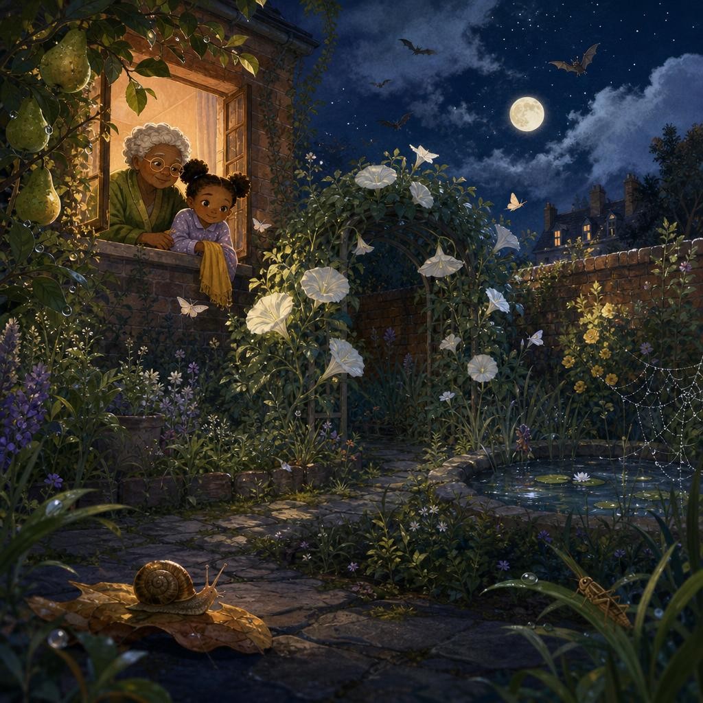 The snail rests beside a soft fallen leaf in the moonlit garden.