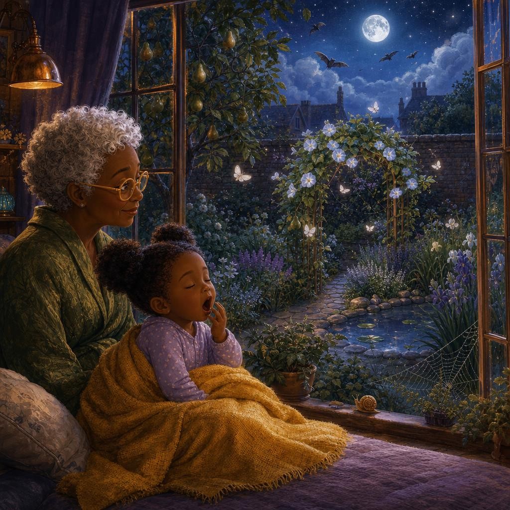 Nana wraps Aya in a blanket while the moonlit garden stays awake outside.