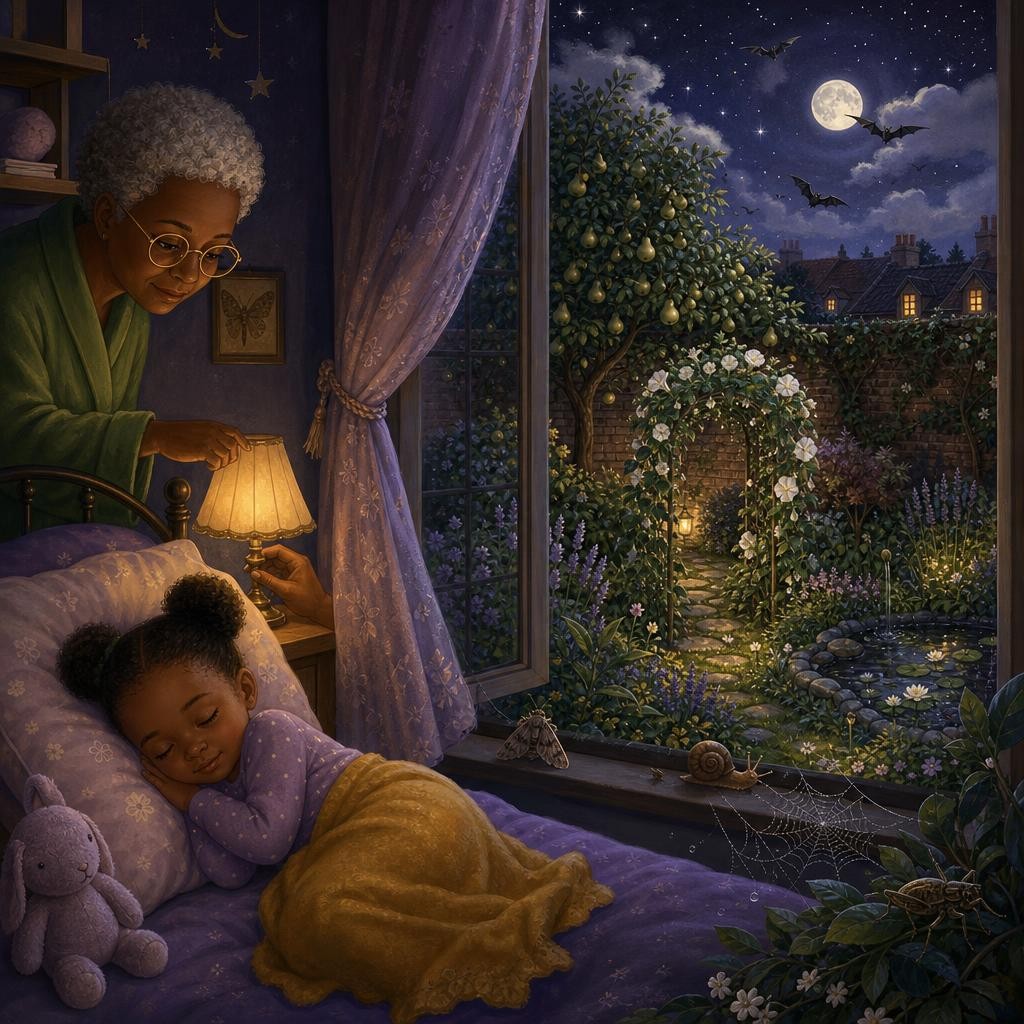Aya sleeps safely while the garden continues its quiet night activity.