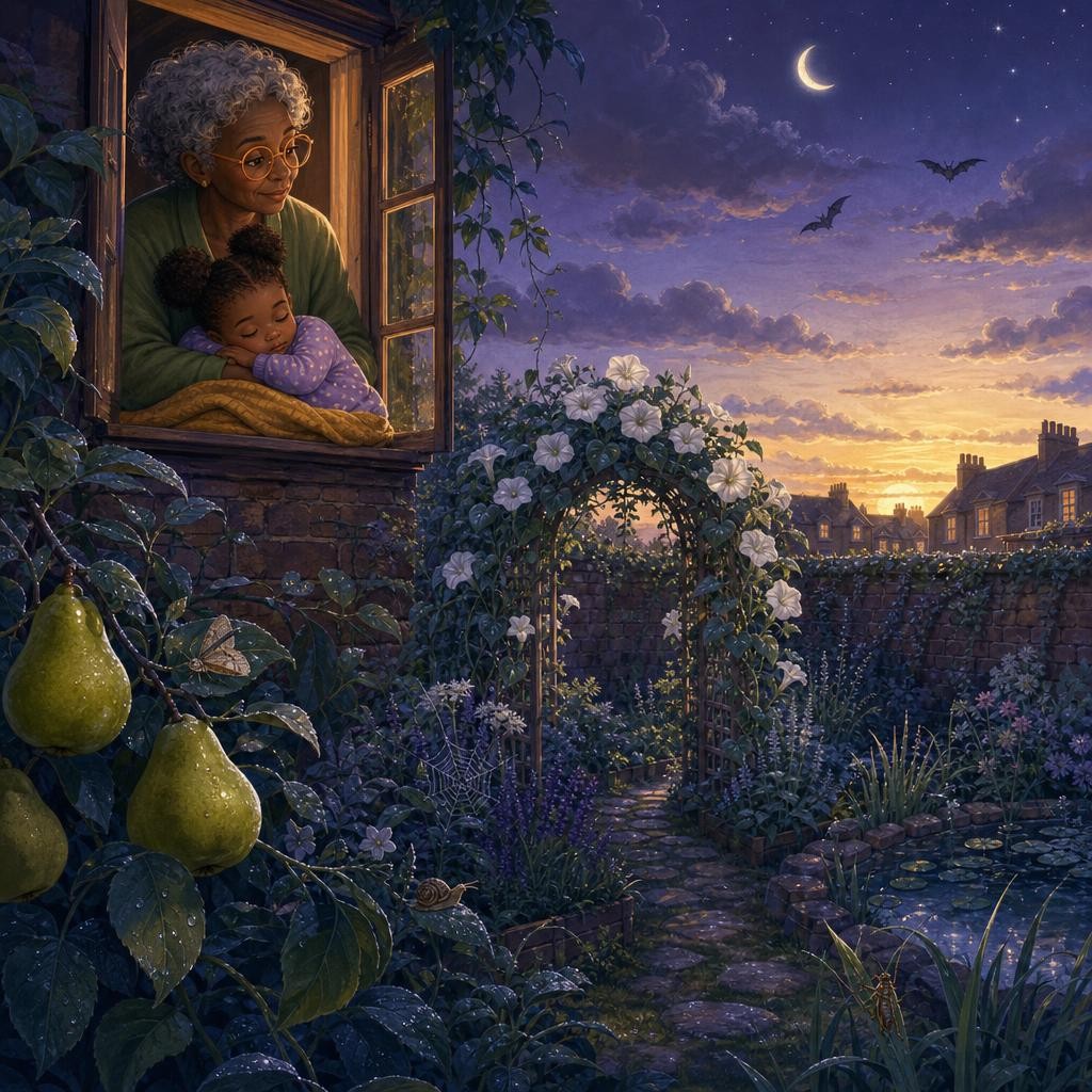 Dew sparkles across the whole garden as the sky grows pale before dawn.