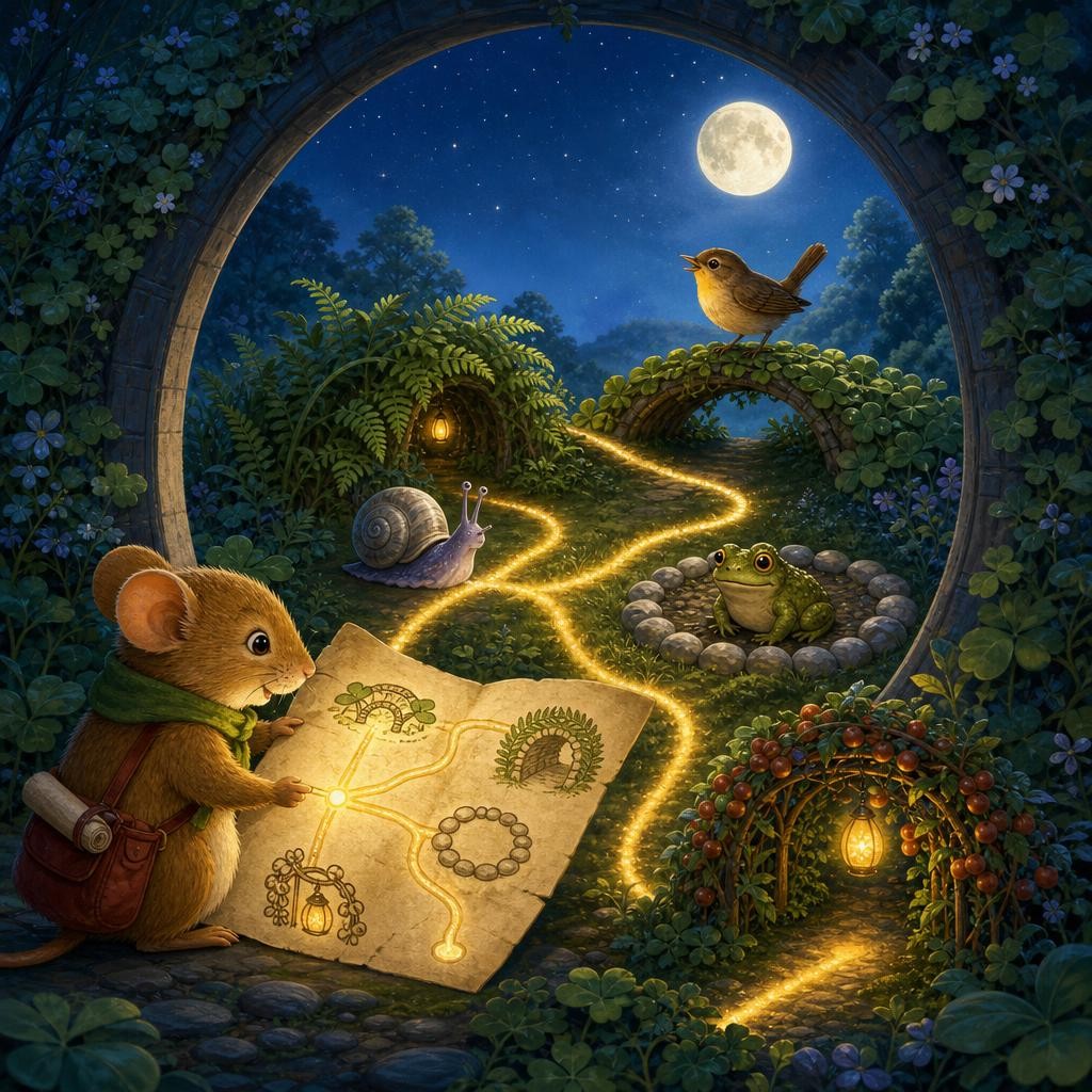 Piko the field mouse opens a glowing map that sends paths through a moonlit garden.