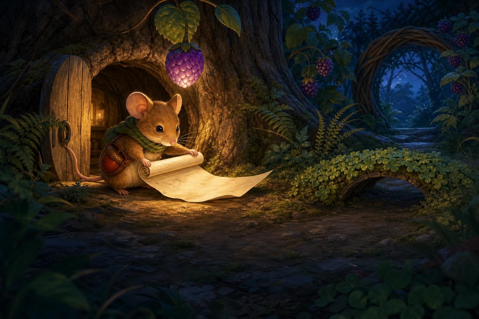 Piko opens a nearly blank map beneath a glowing lanternberry.
