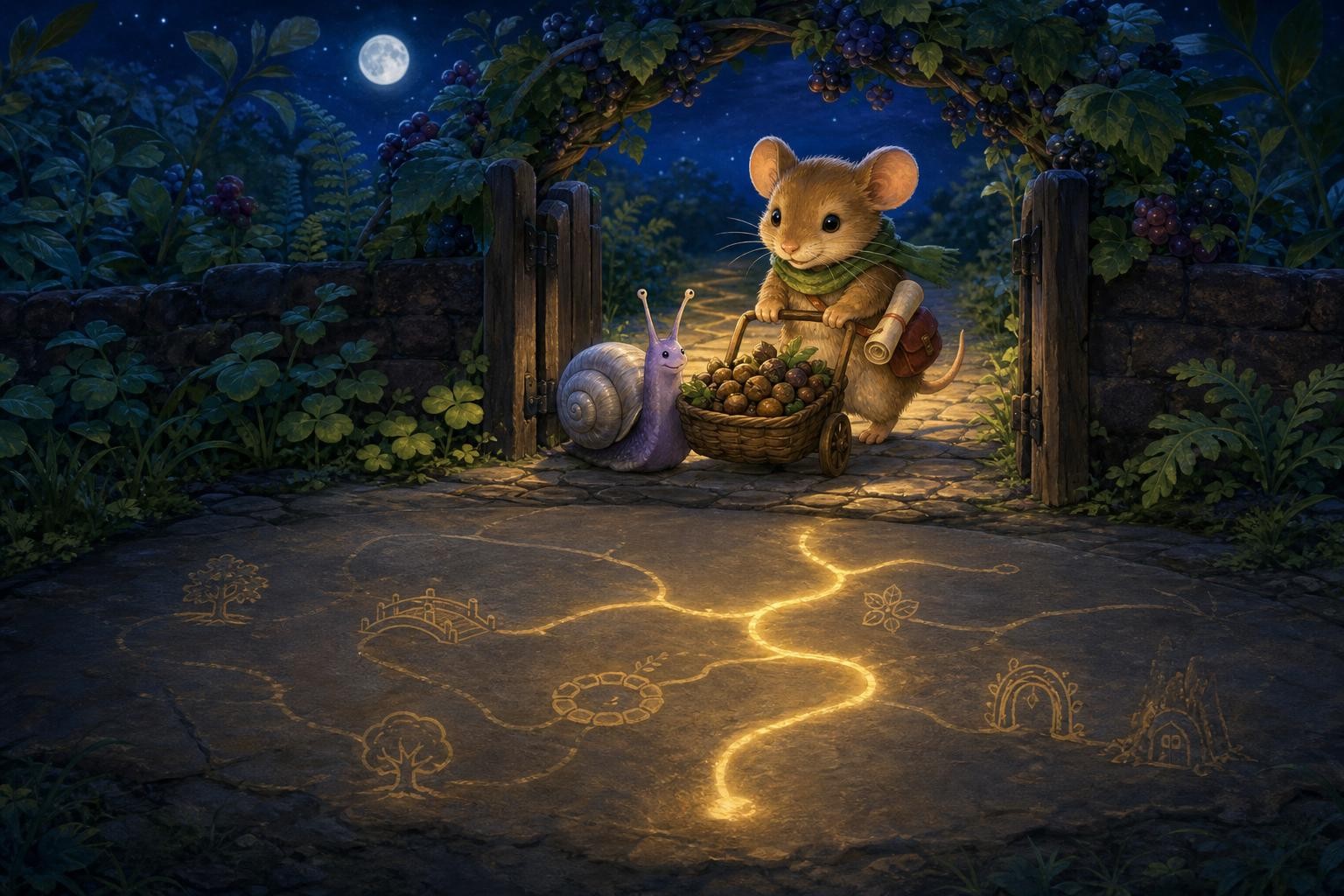 Piko and Sumi move a seed basket as the first map path appears.