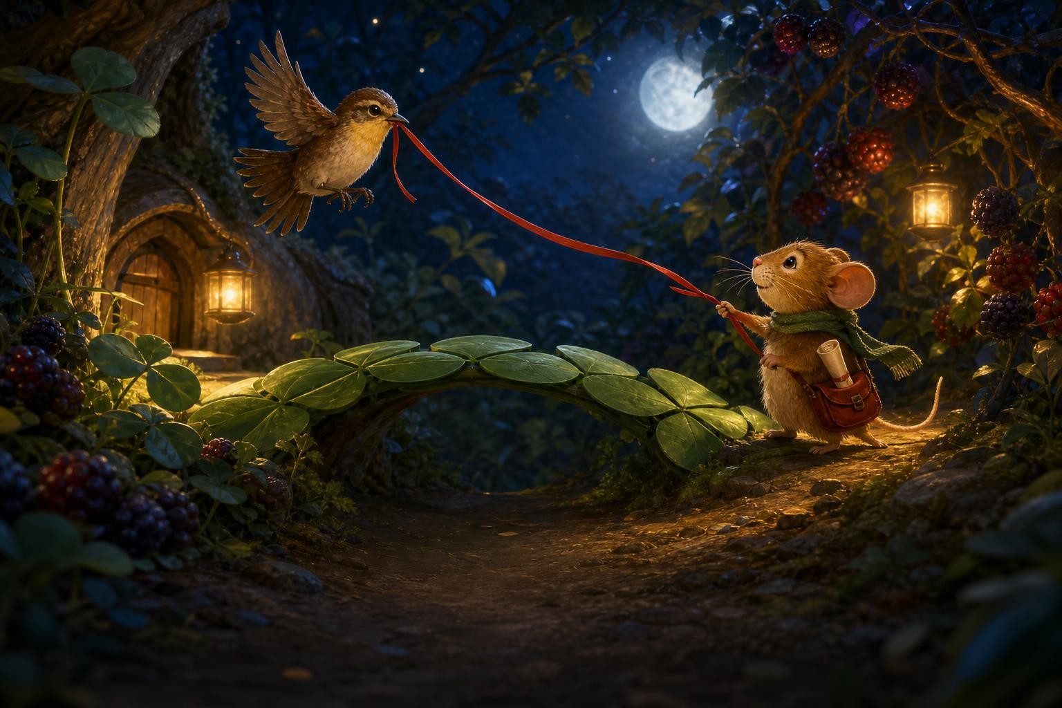 Piko and Pip use a ribbon to unfold the clover bridge.