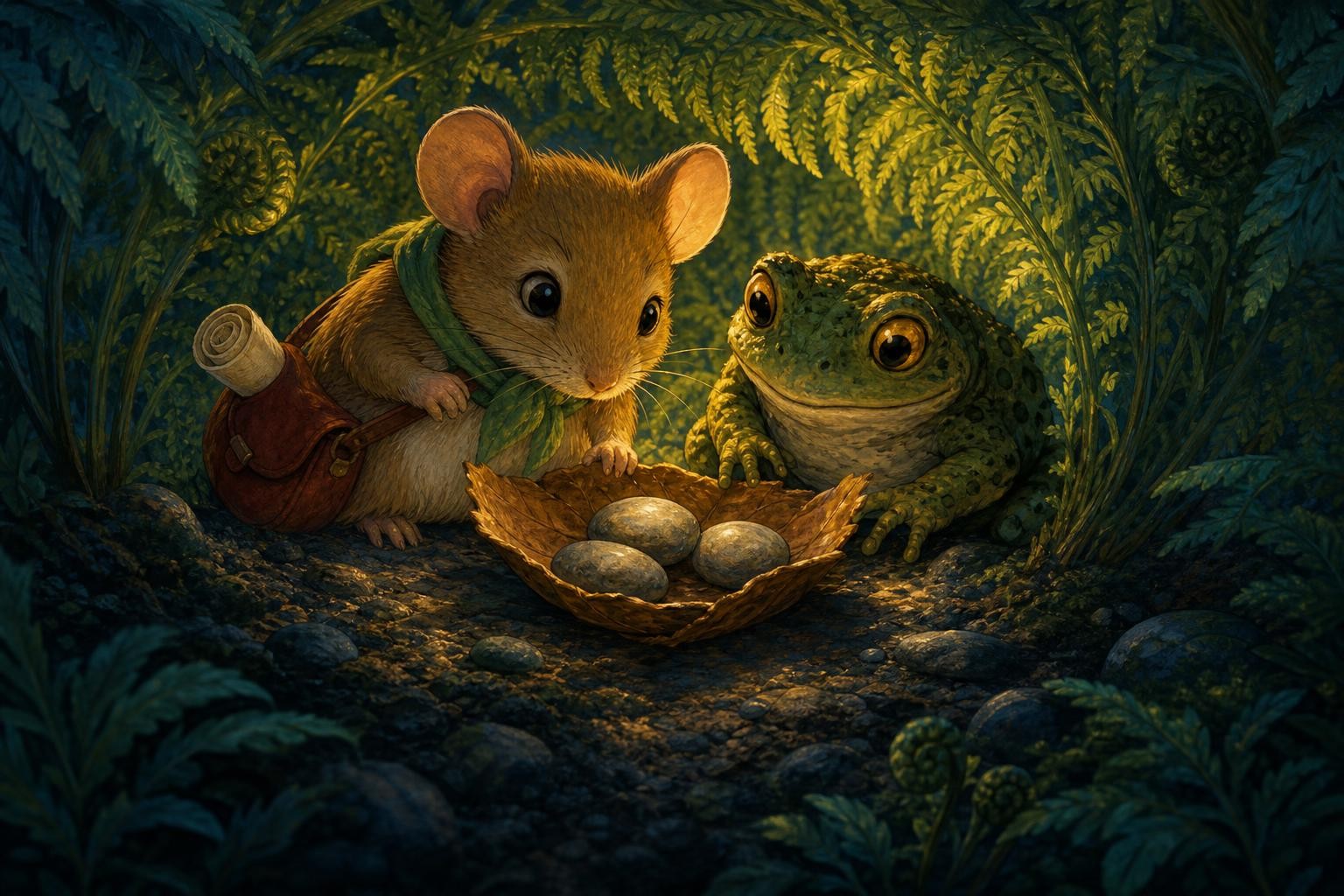 Piko and Boro find three drum pebbles in a shallow leaf cup.