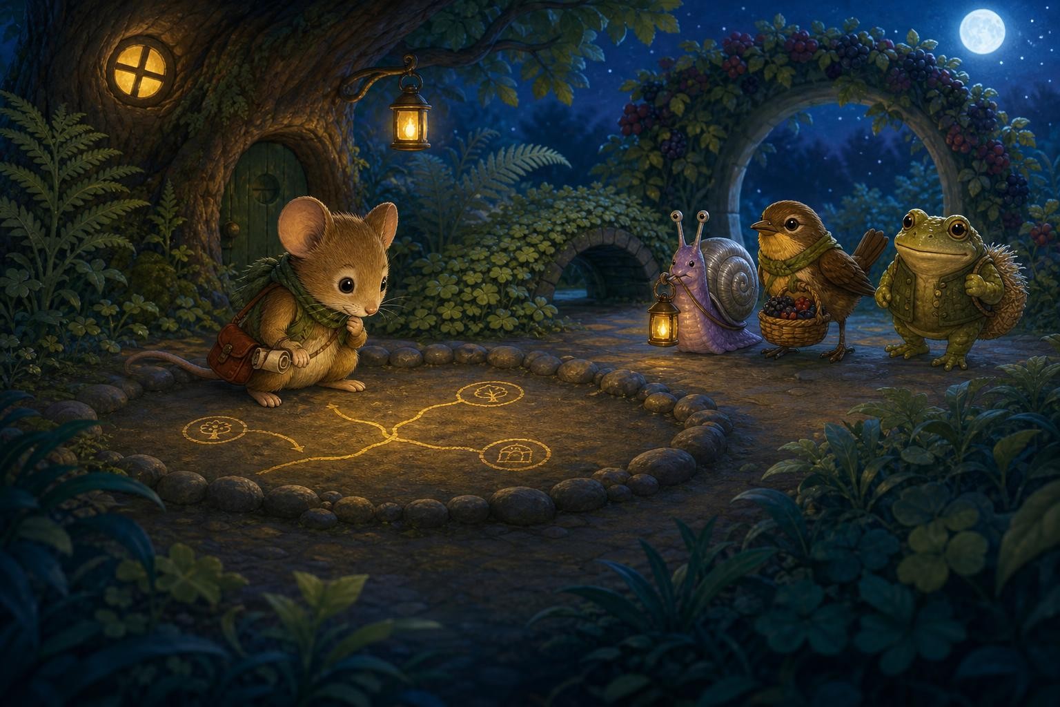 Piko’s three new friends gather around the unfinished glowing map.