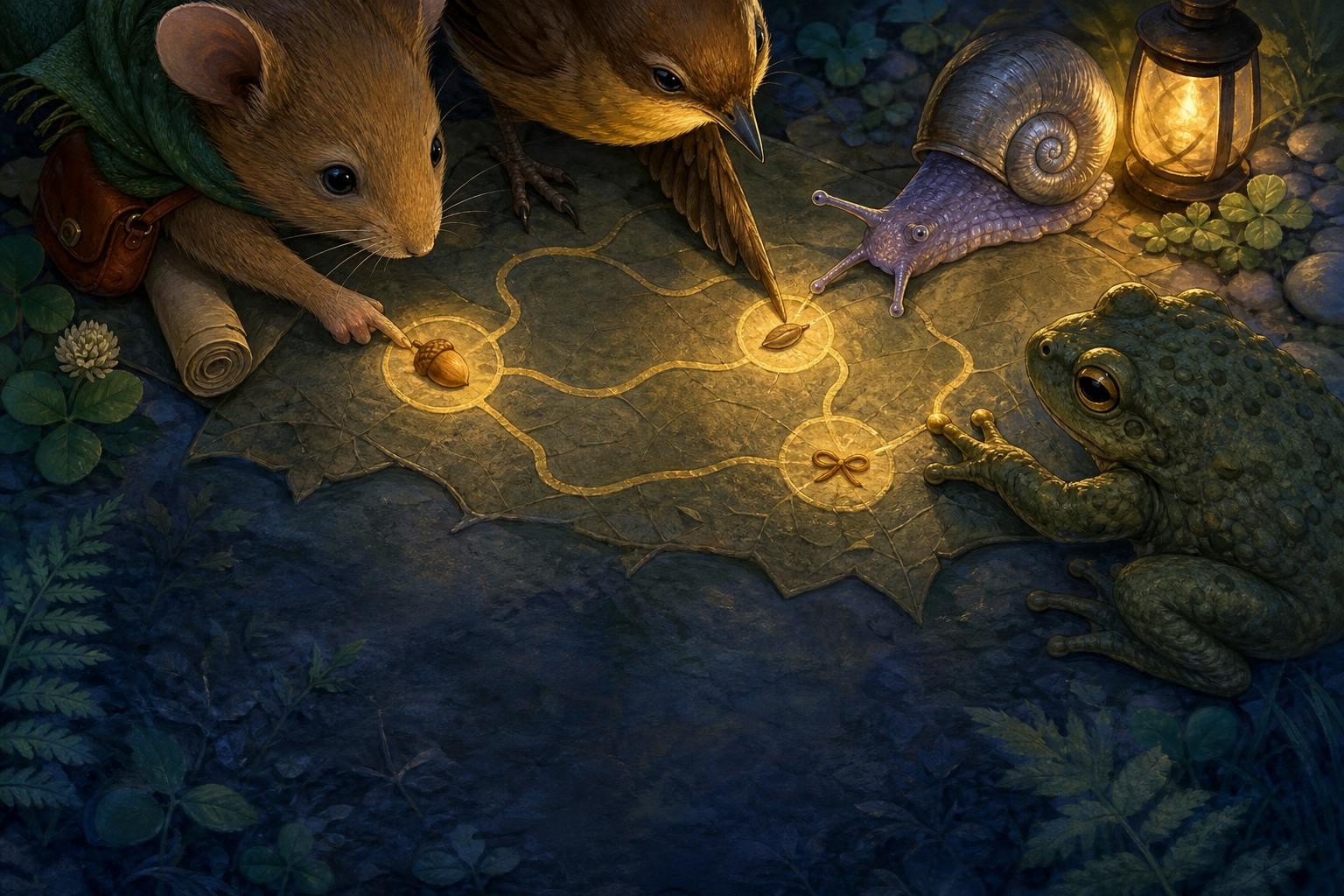 The friends trace gold map lines linked to their shared tasks.