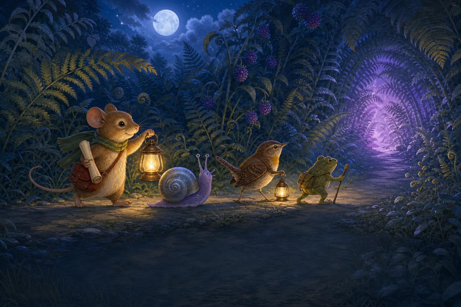 Piko and his friends follow a wide path toward the lanternberry arbor.