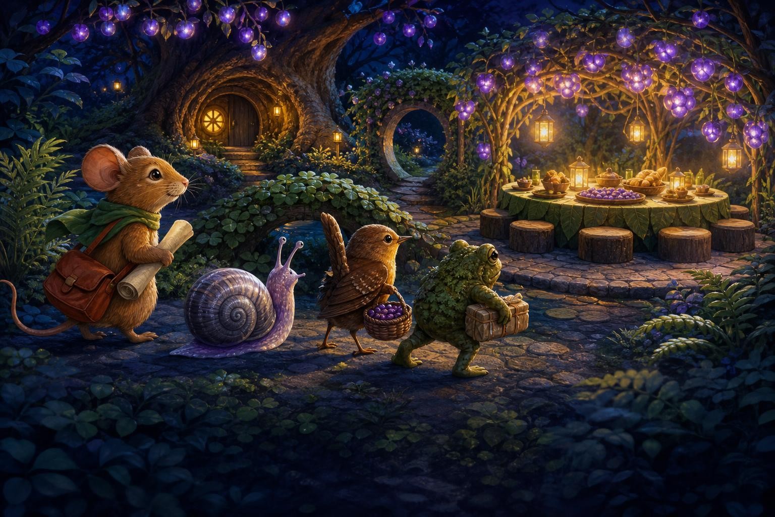 The four friends arrive together beneath a glowing lanternberry arbor.