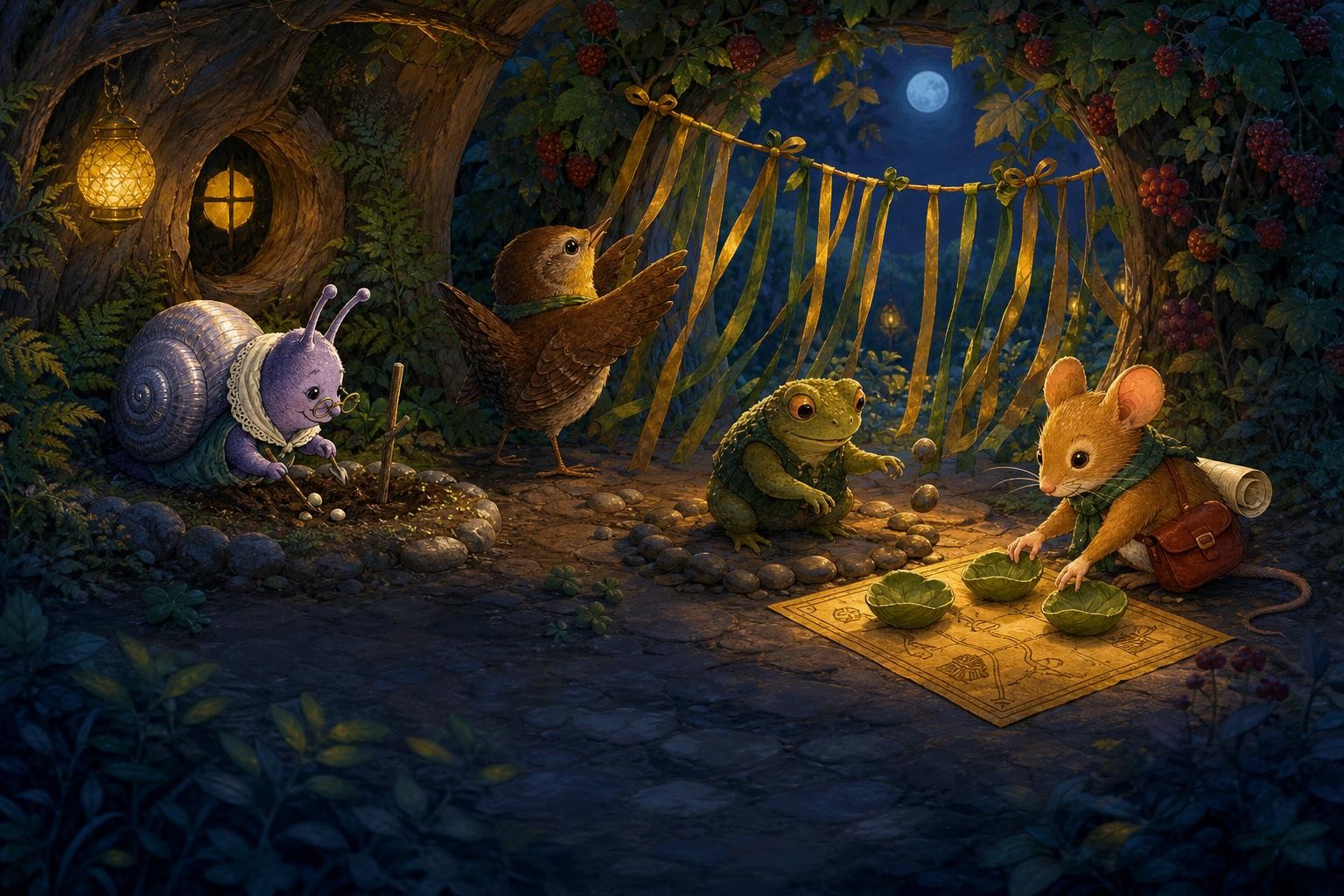 Each friend uses the object they carried to improve the garden supper.