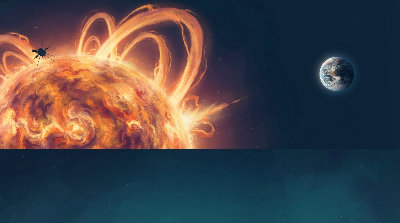 The active Sun sends glowing material toward tiny Earth across dark space.
