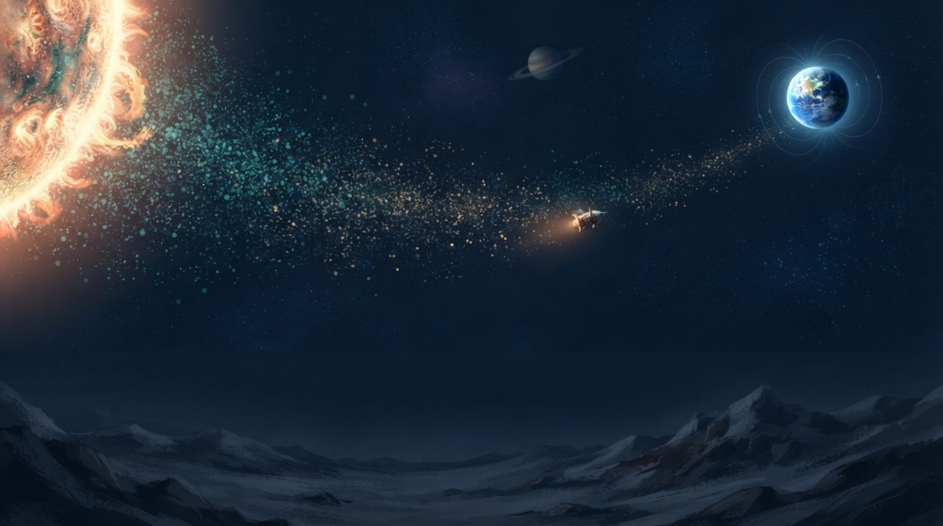 Tiny glowing particles stream steadily away from the Sun toward distant Earth.