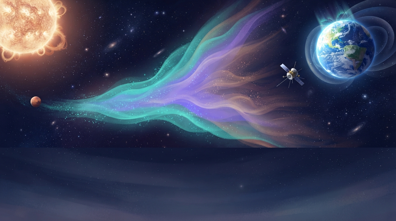 A cloud from the Sun travels through space toward Earth while a spacecraft watches nearby.
