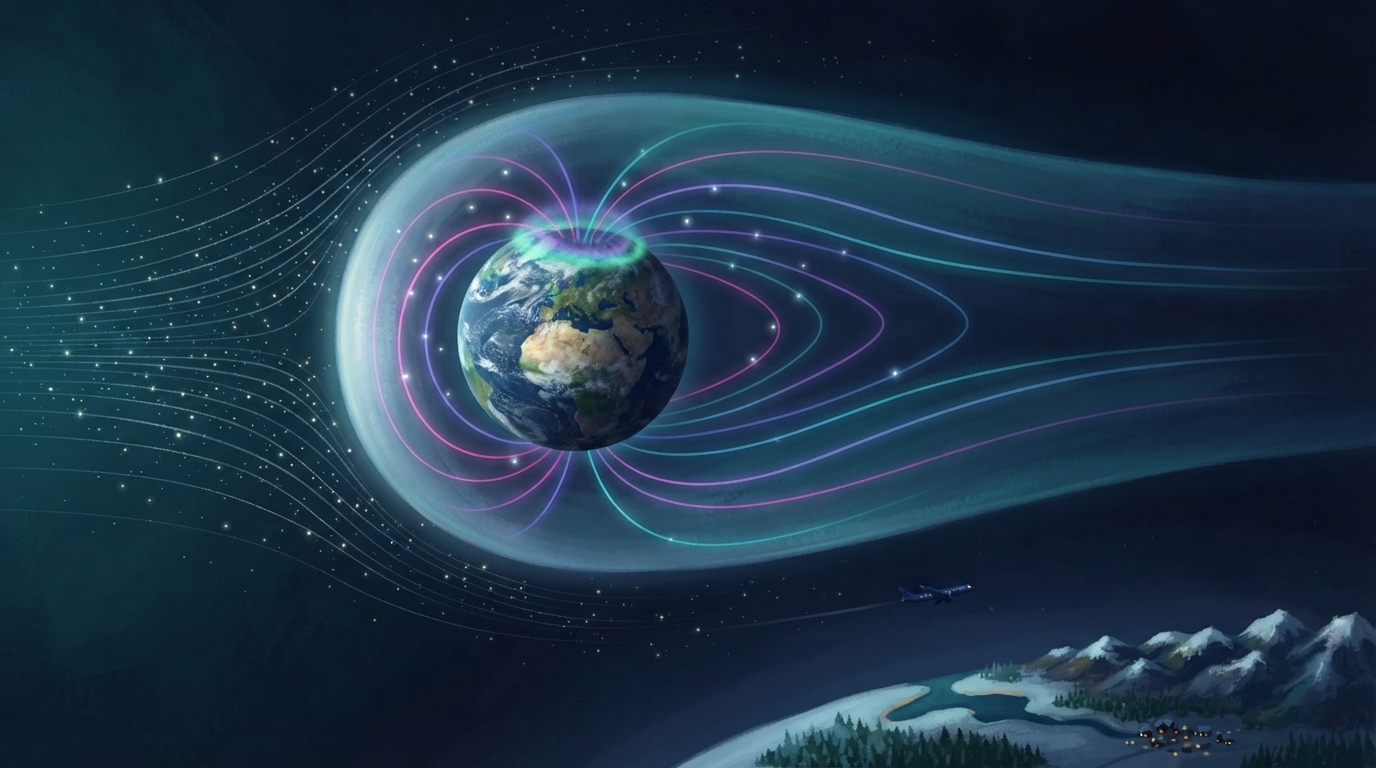 Solar-wind particles bend around Earth’s invisible magnetic bubble, with some guided toward the poles.