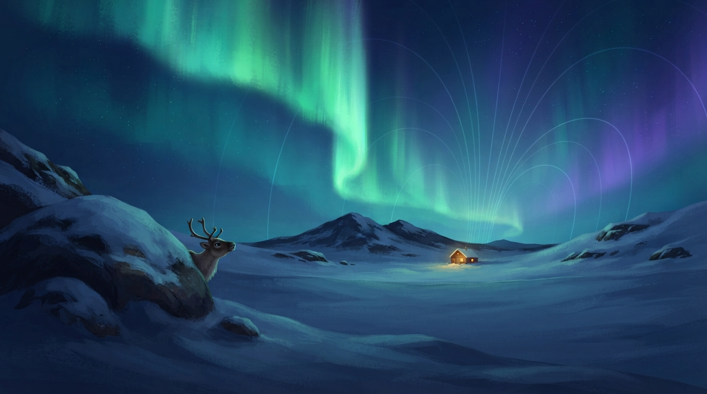 A green aurora glows above snowy mountains as faint curved magnetic paths sweep down from space.