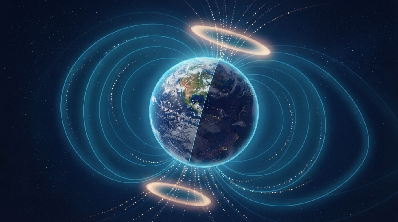 A tilted Earth is surrounded by magnetic loops that guide tiny particles toward glowing rings above both poles.