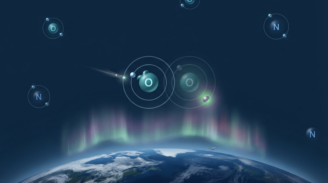 A tiny electron bumps an oxygen atom high above Earth, and the atom glows as it settles.