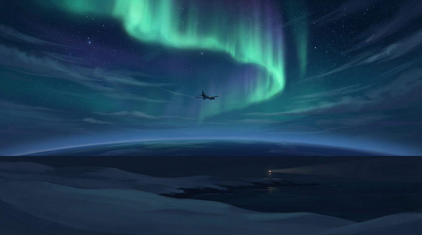 A bright green aurora hangs far above a tiny airplane over a snowy coast.