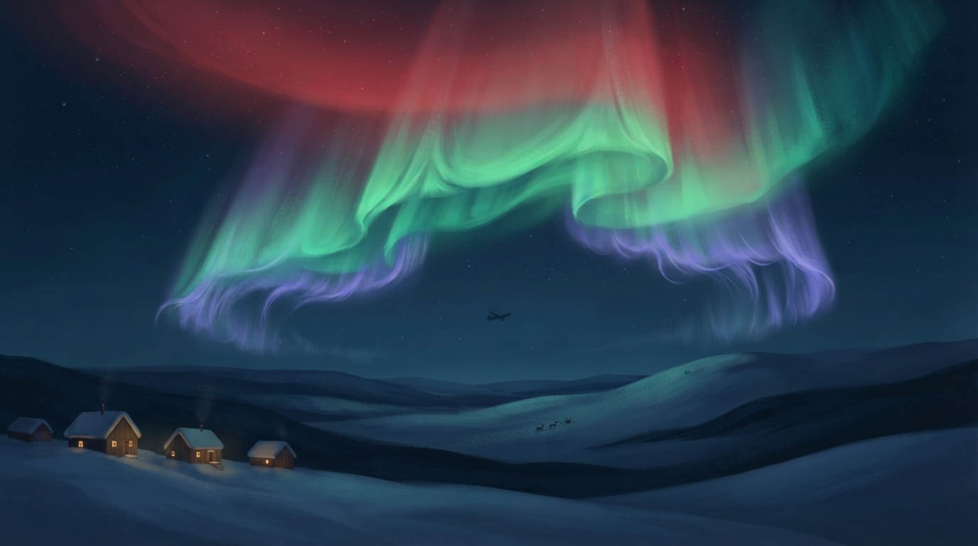 A layered aurora has faint red high above, green in the middle, and violet-blue fringes lower down.