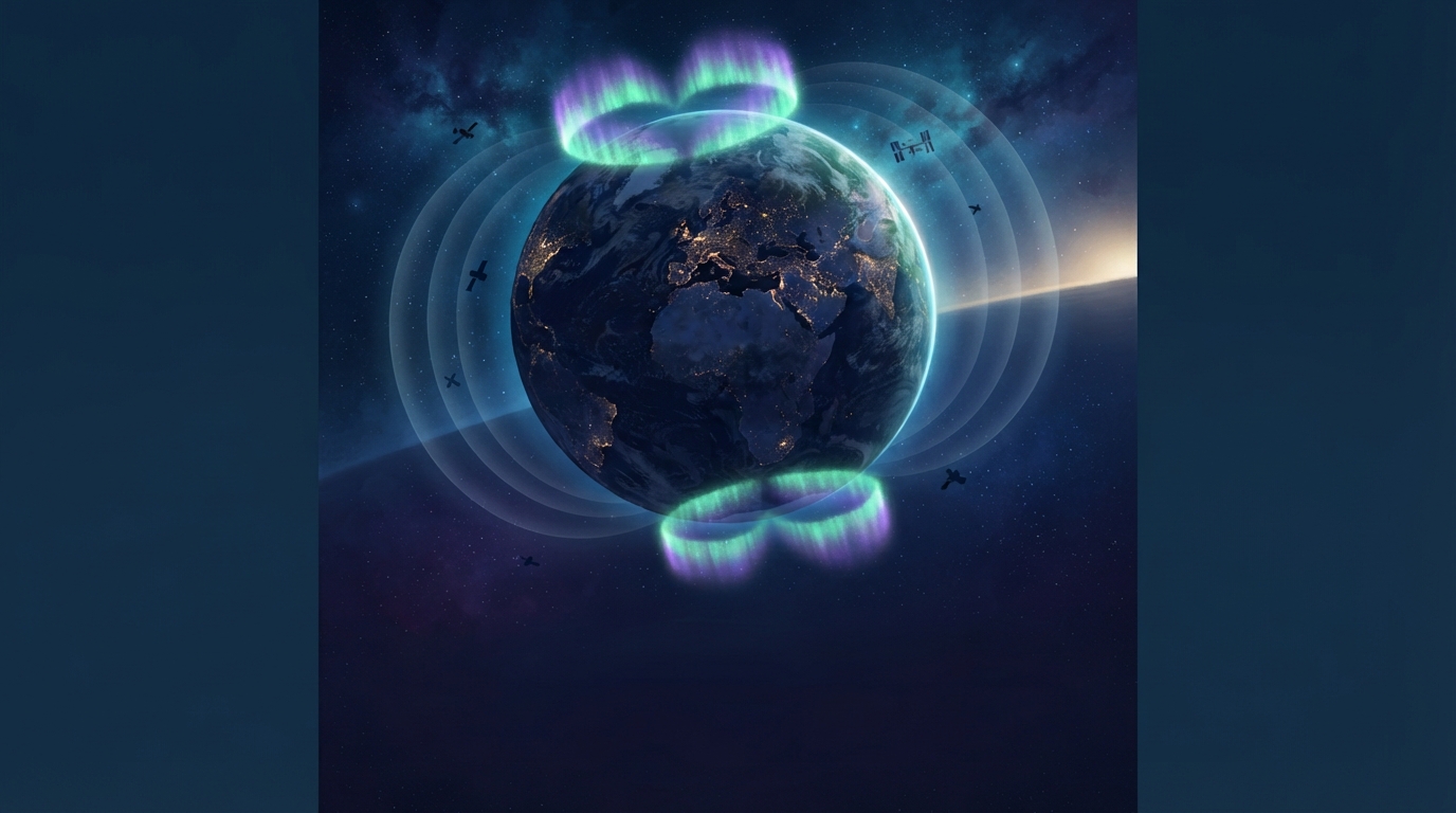Earth seen from space has glowing auroral rings around both poles.