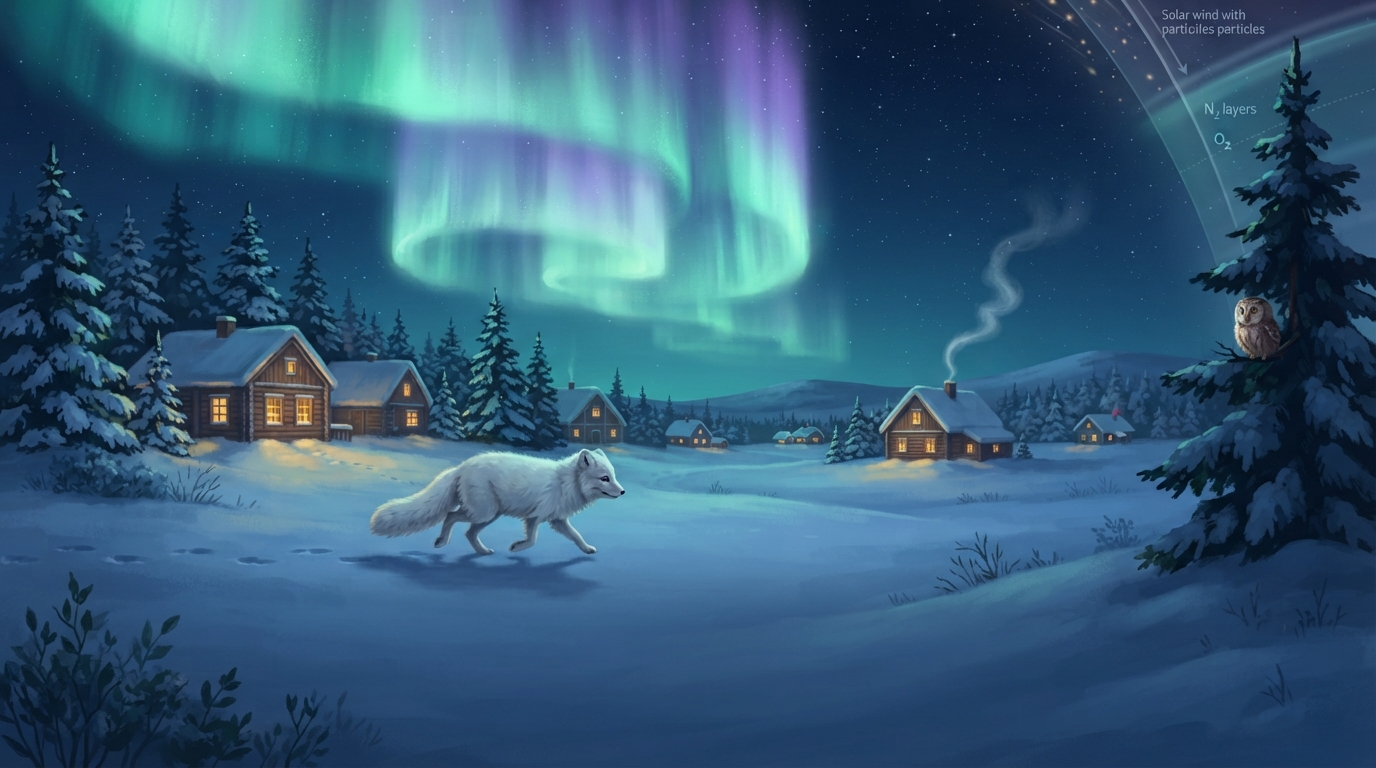 An arctic fox walks through snow below northern lights above a small Finnish village.