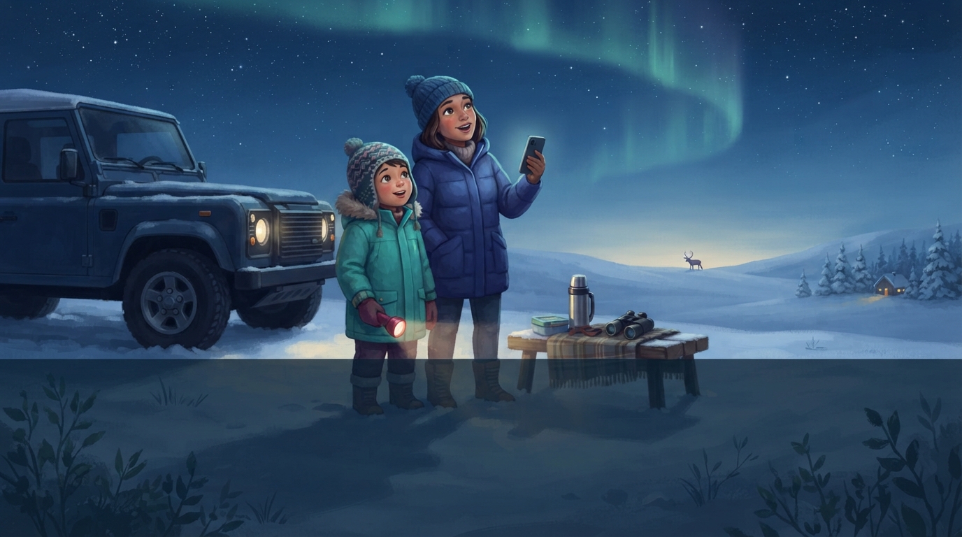 A child and grown-up wait warmly at a safe snowy lookout under a faint aurora.