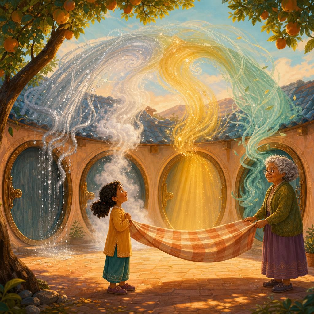 Nima and Grandma Sora stand in a courtyard beneath gentle ribbons of rain, mist, sunlight, and breeze.