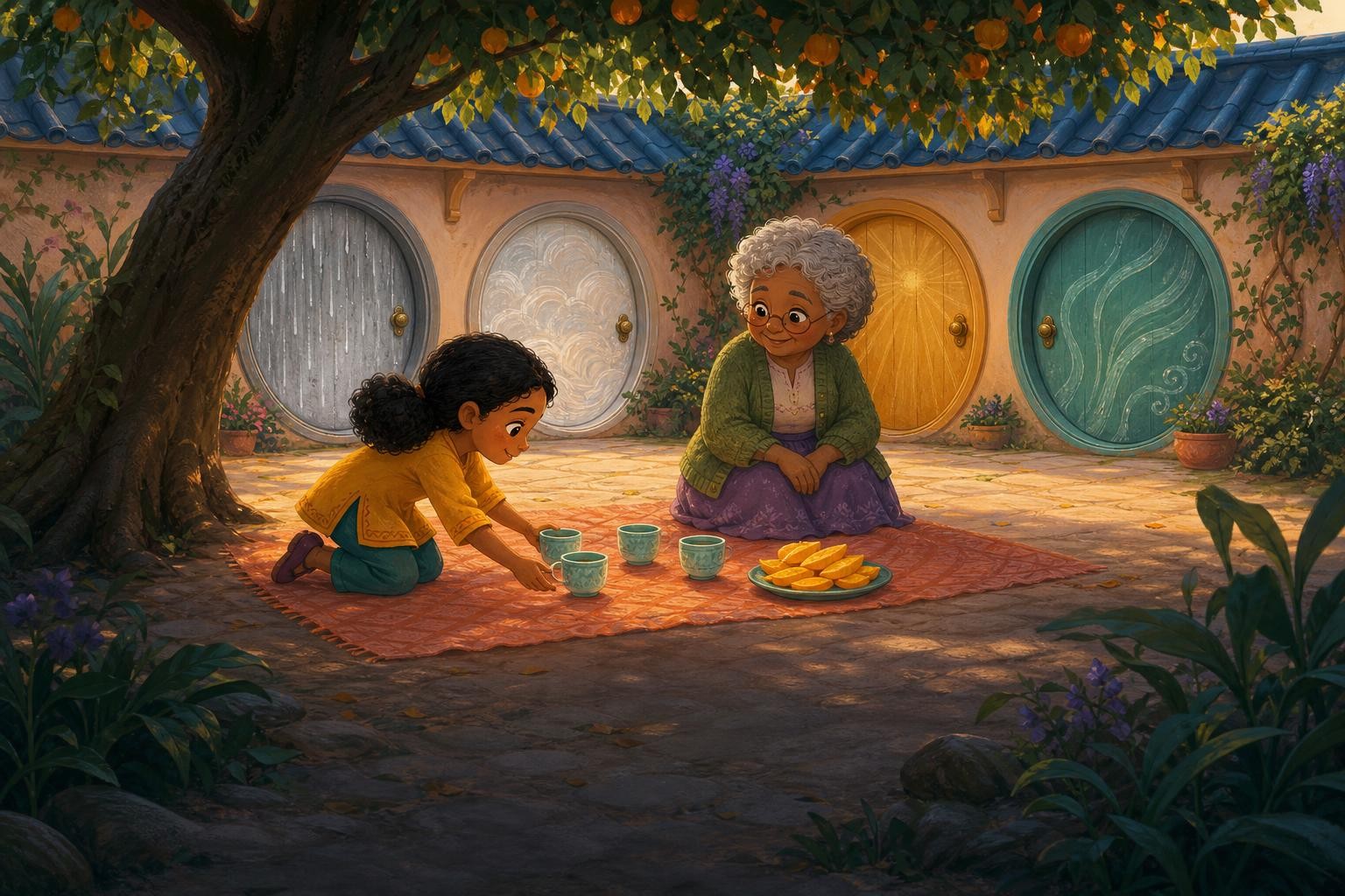 Nima prepares a courtyard picnic while the weather-room doors stay closed.