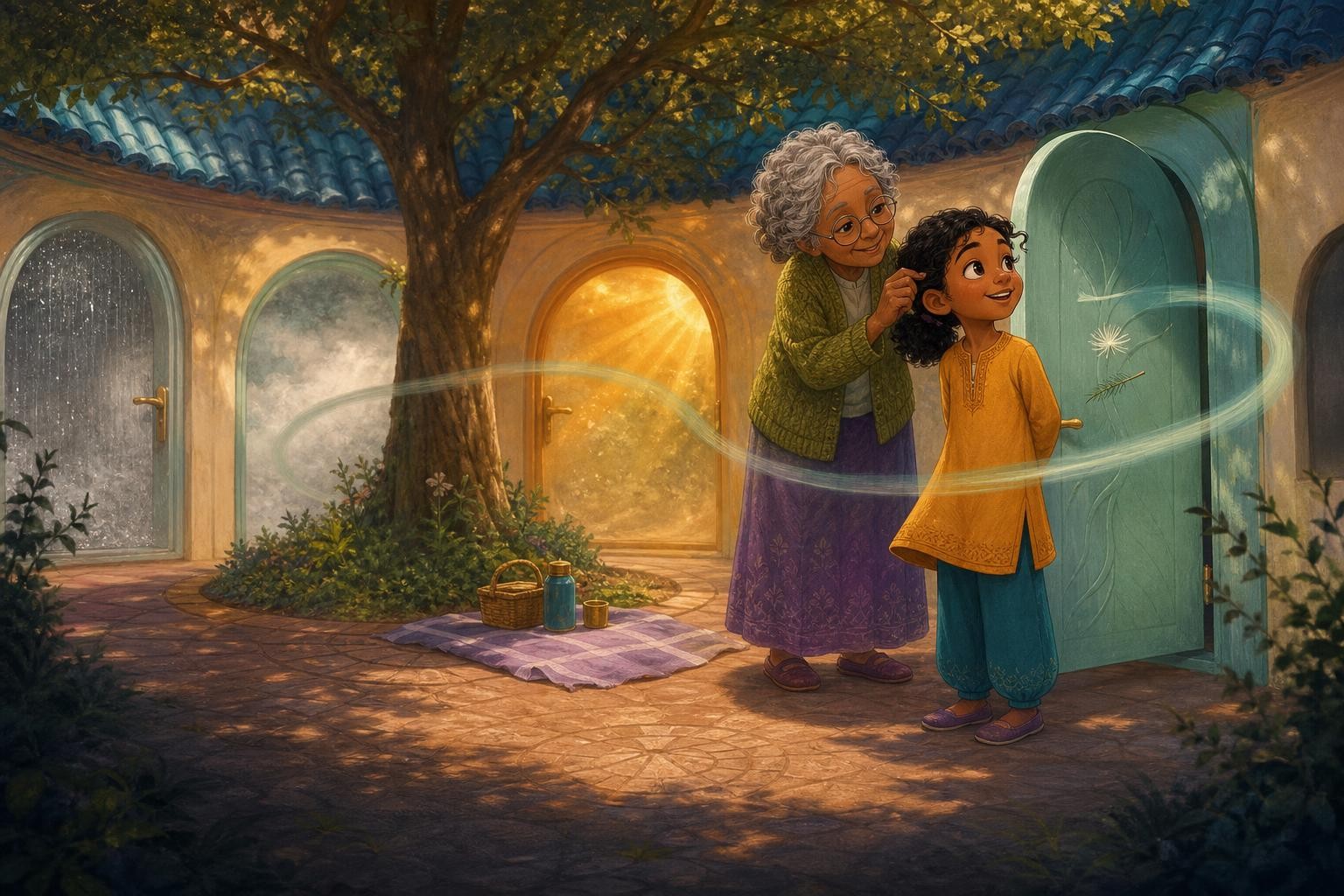 A gentle breeze carries a seed tuft around Nima as Grandma Sora listens.