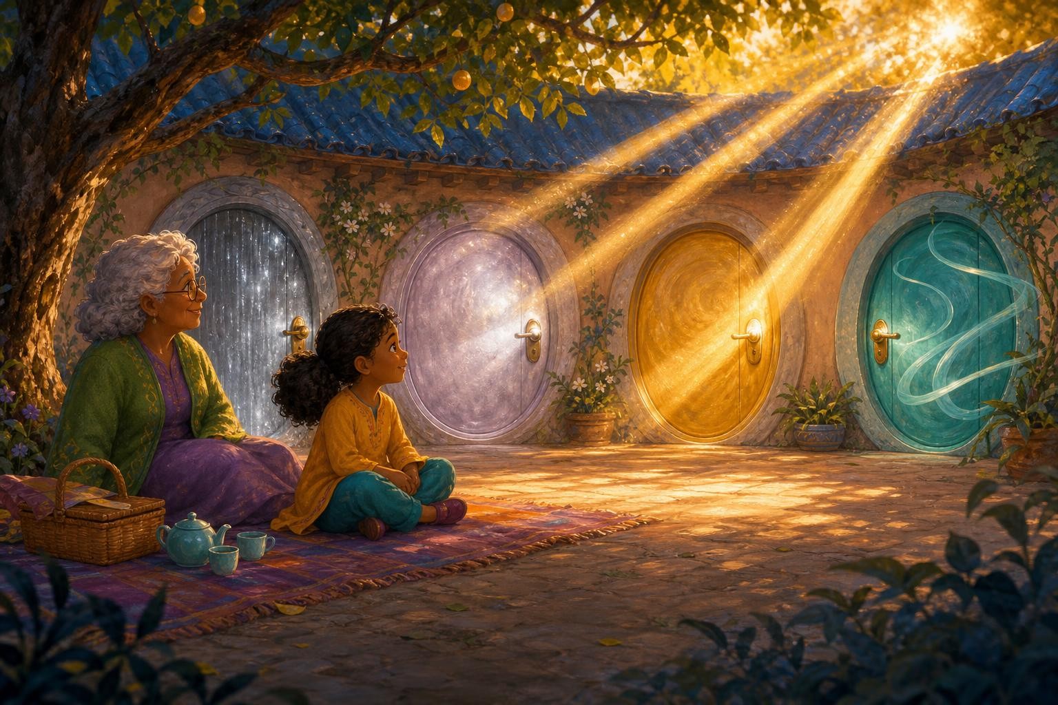 Sunbeams cross the courtyard and make the other weather-room handles turn.