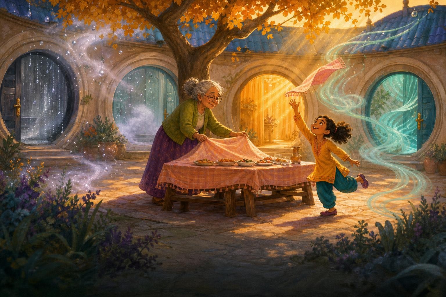 Four kinds of weather tangle around the courtyard picnic table.