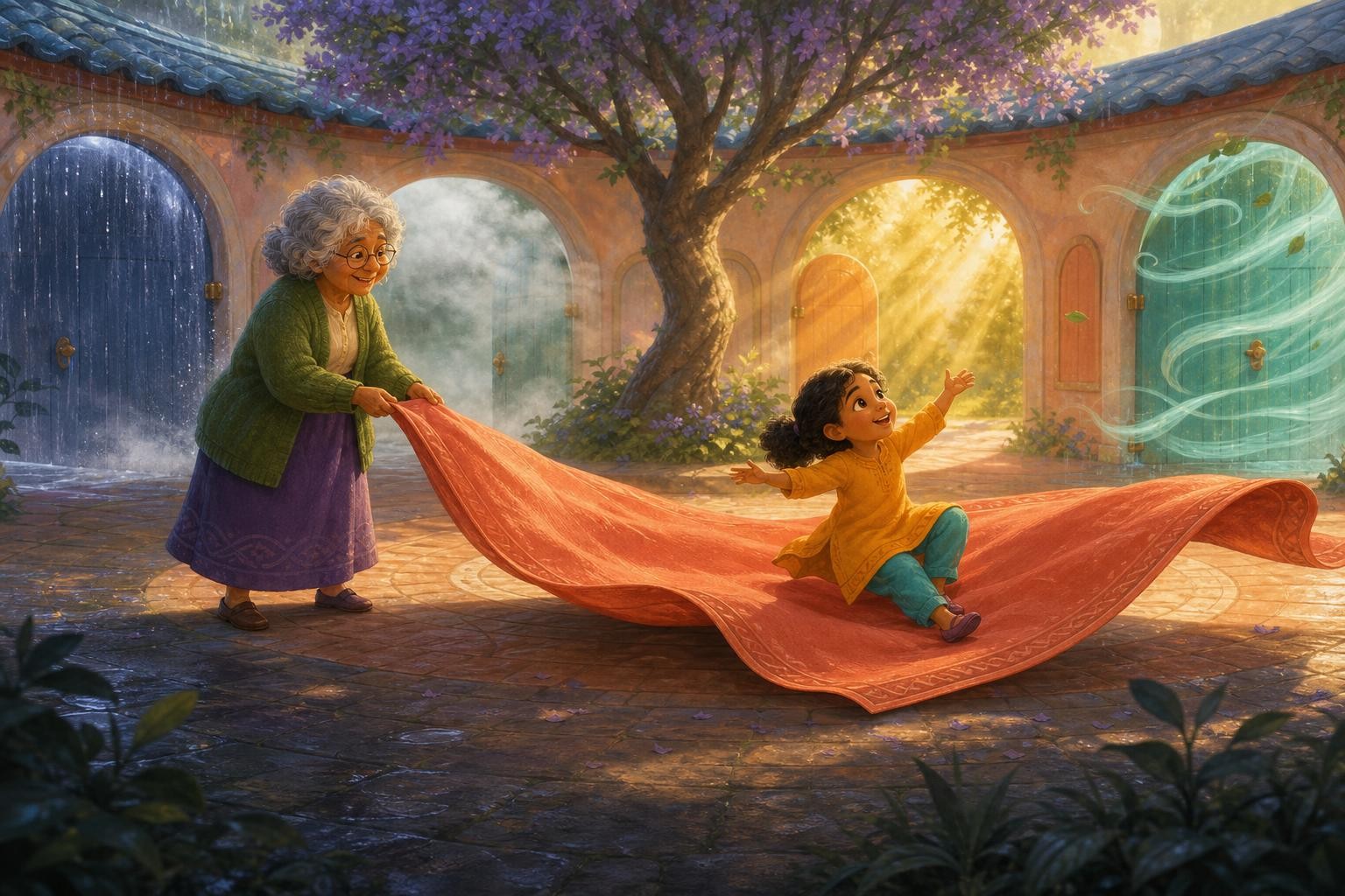 Grandma Sora steadies a billowing picnic cloth while Nima peeks out.
