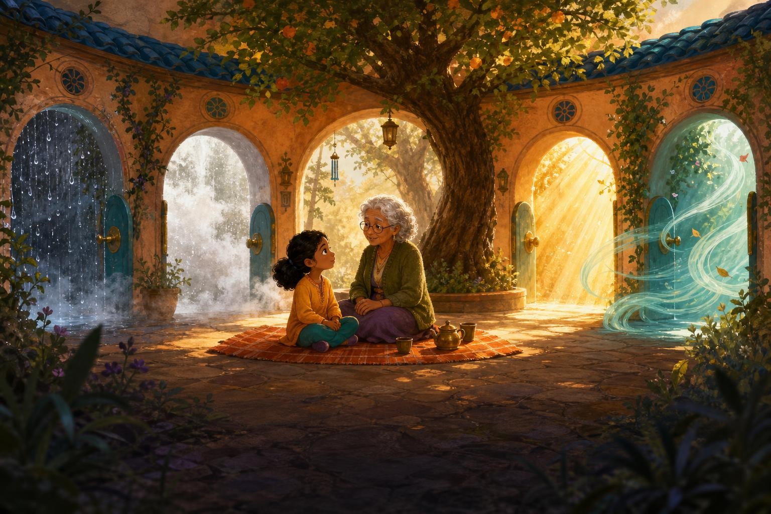 Nima and Grandma Sora sit still while the tangled weather begins to separate.