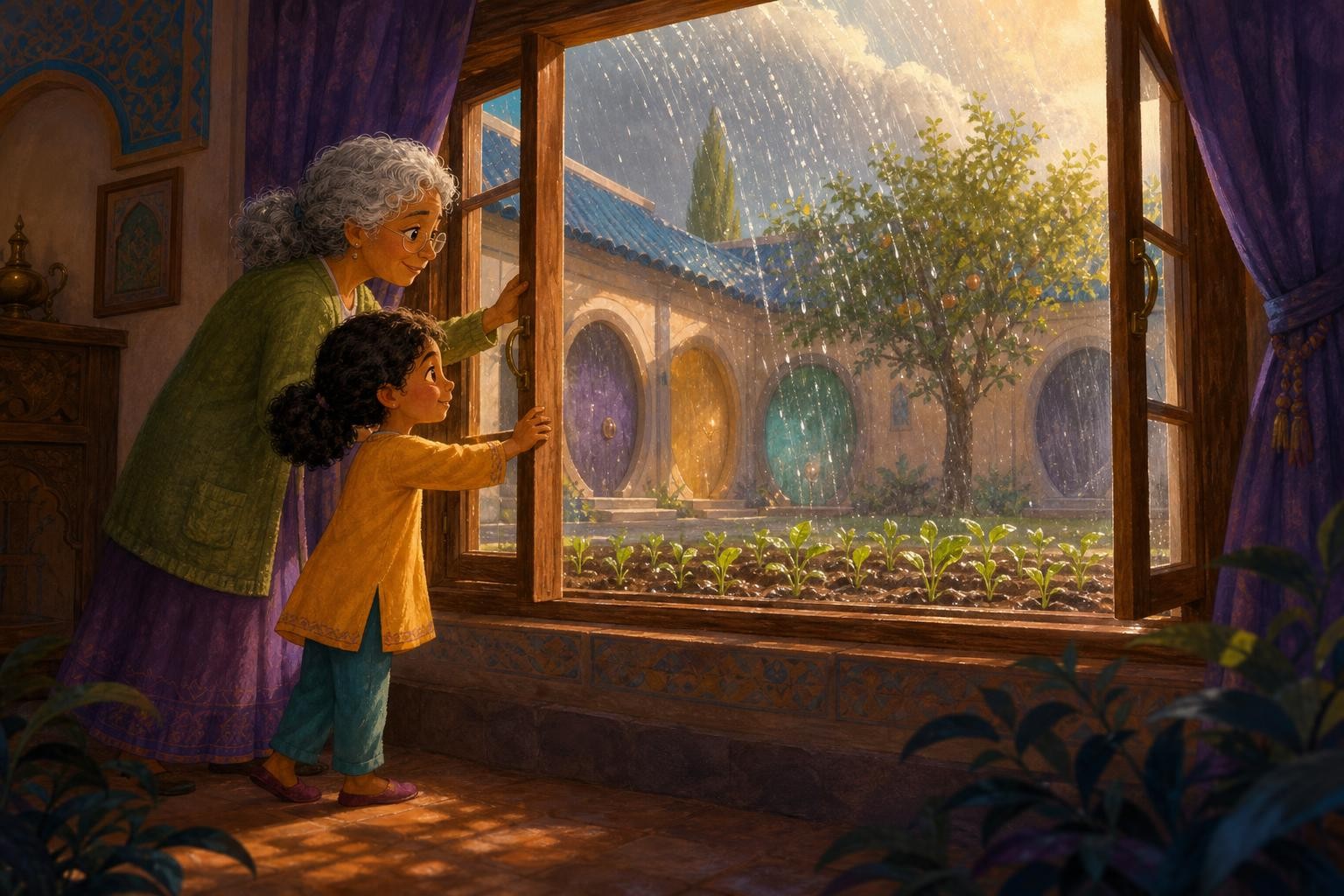 Silver drizzle travels from the house to a dry bean garden.