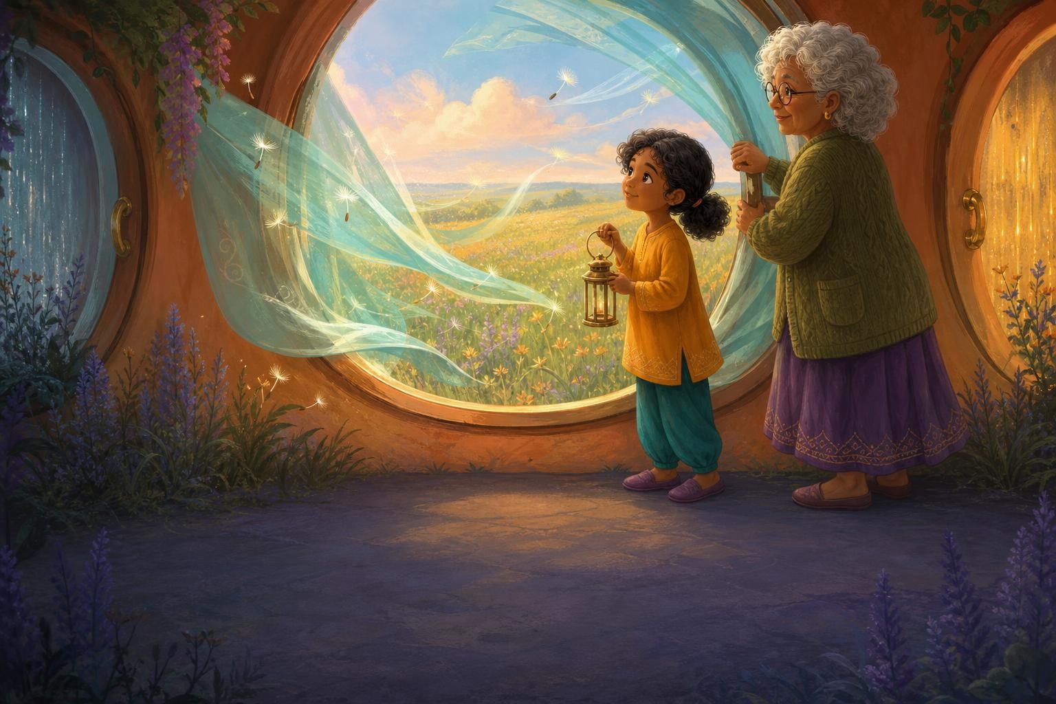A gentle breeze carries seed tufts through the meadow window.