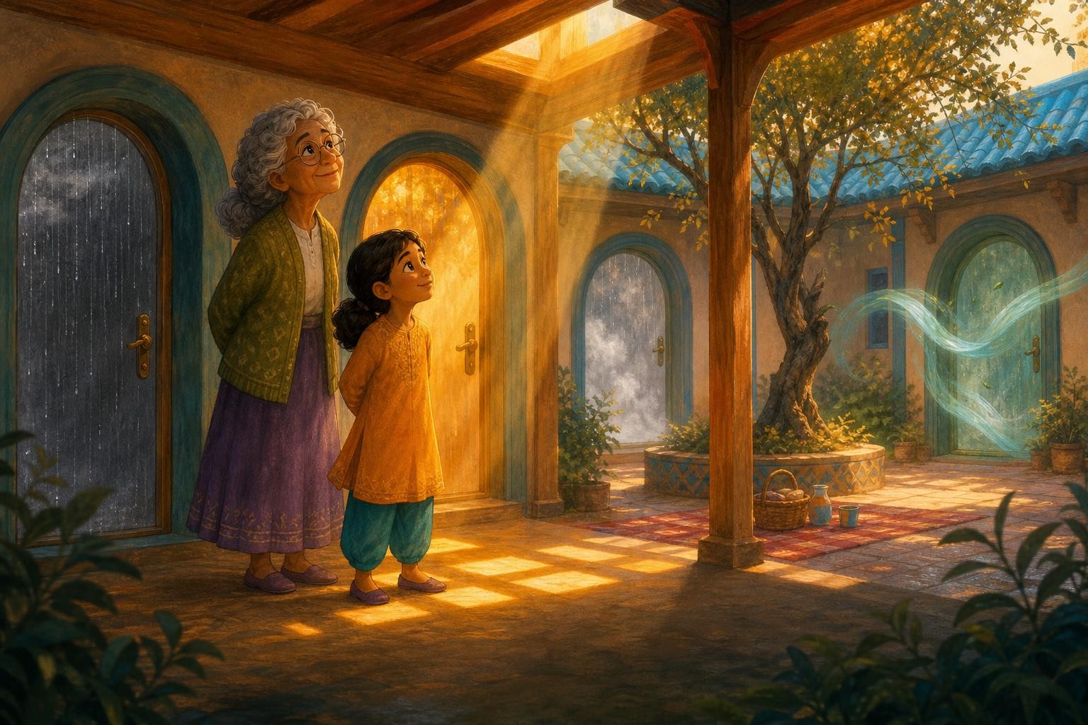 Nima watches sunlight form warm squares on the covered porch.