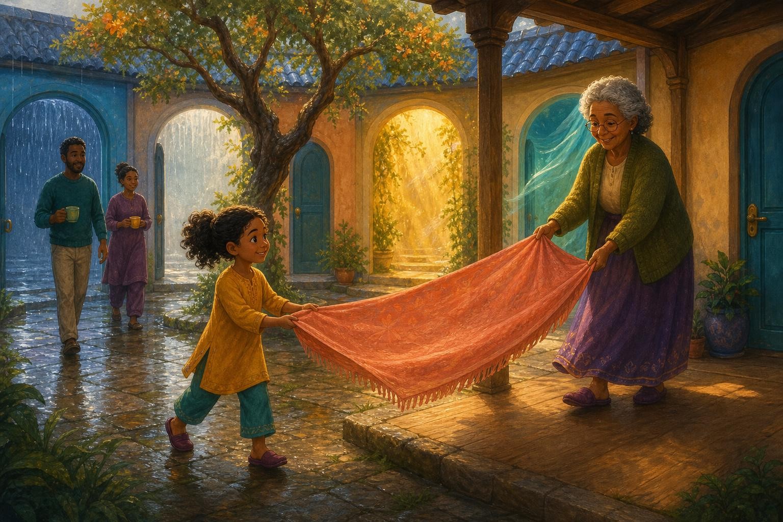 The family moves the picnic cloth to a dry covered porch.