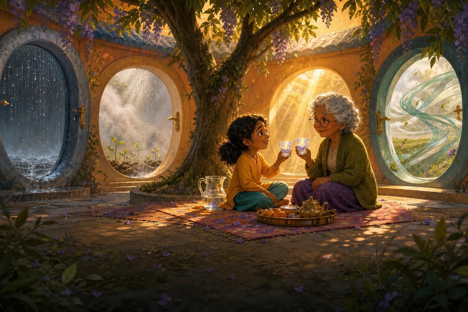 The family enjoys a porch picnic while each kind of weather helps a different place.