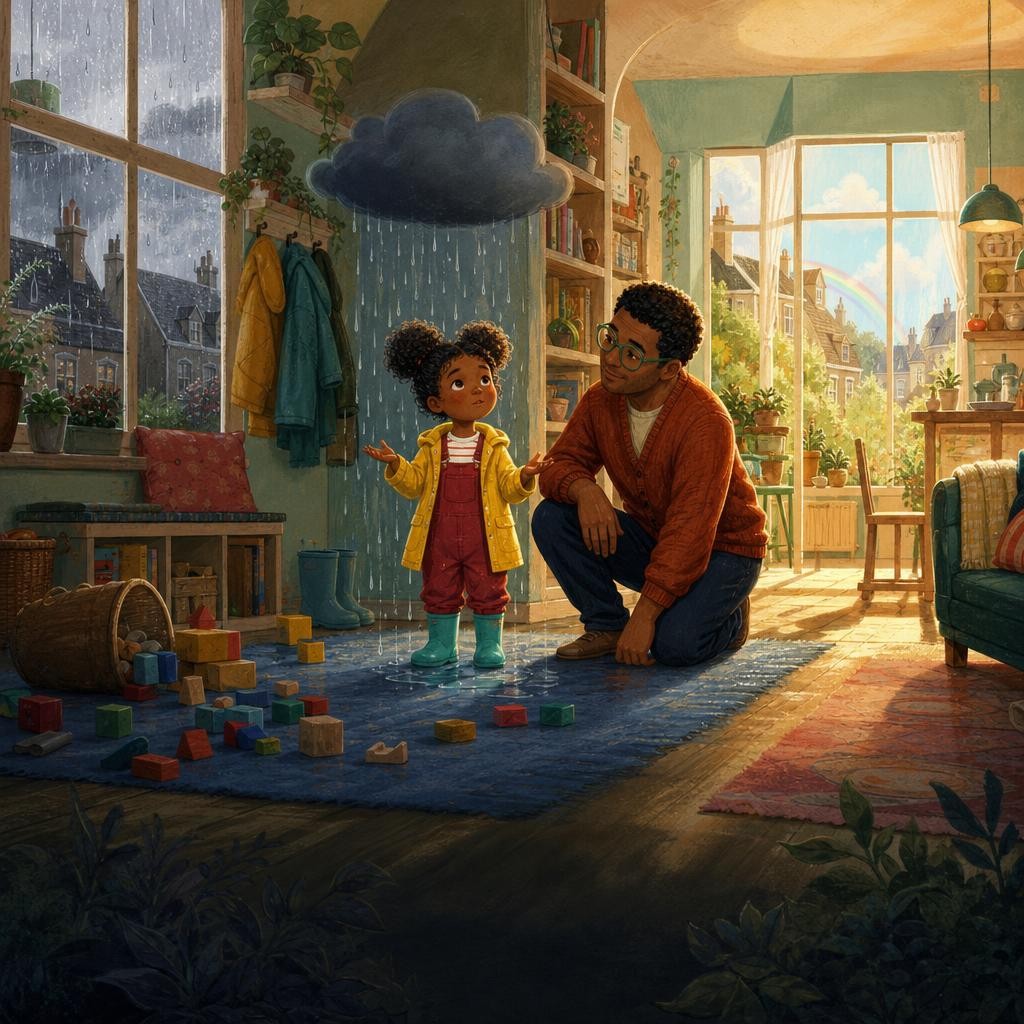 Tavi stands beneath a tiny rain cloud inside a colorful home while Papa waits nearby.